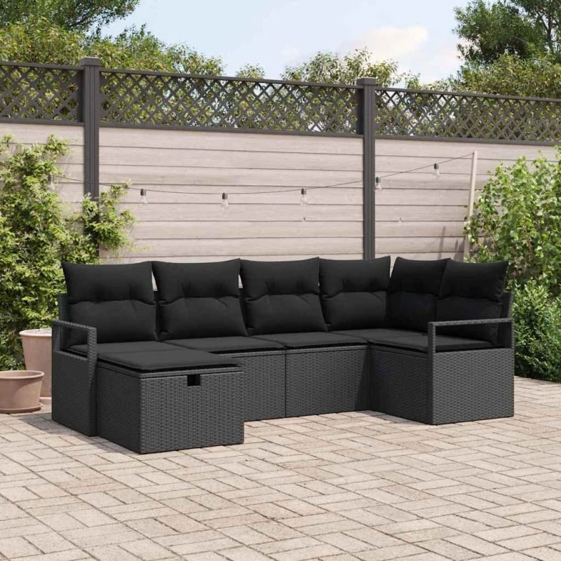 Modulær havesofa 6‑pcs i sort polyrattan med opbevaring