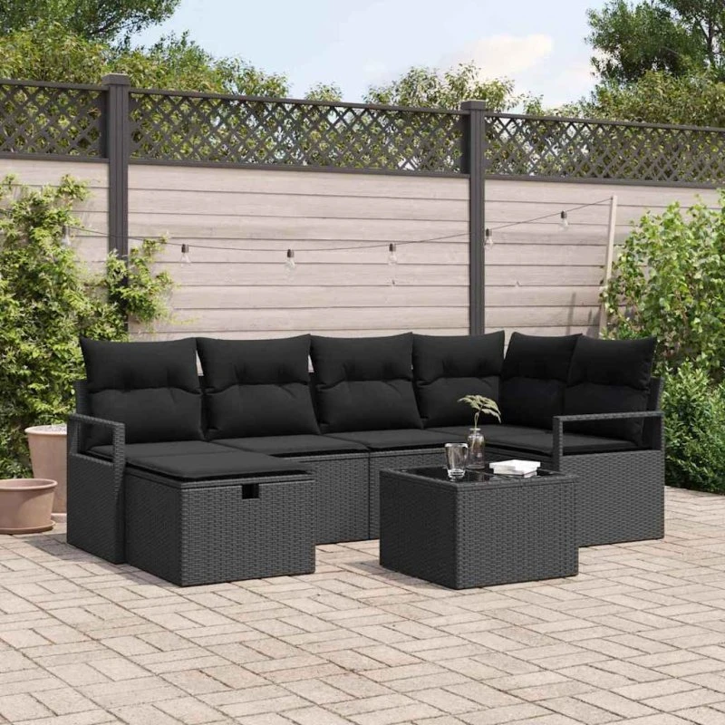 Modulært 7-del Havesofa Sæt i Sort Polyrattan m. Opbevaring