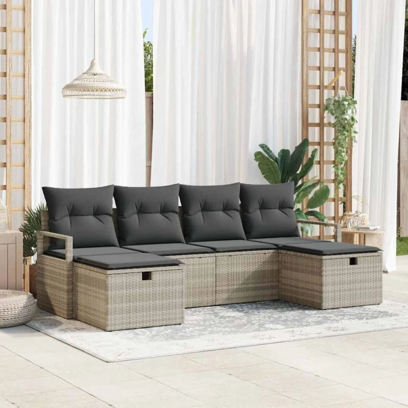 Havesofa-sæt i polyrattan 6 dele med hynder og opbevaring