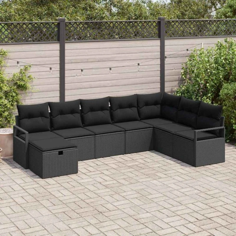 Polyrattan havesofa sæt 6–8 dele med hynder - sort
