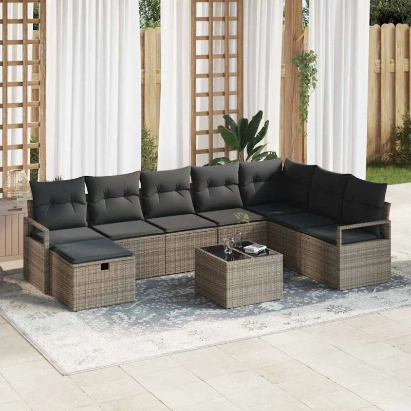 Havesofasæt i polyrattan 6 dele - grå med puder