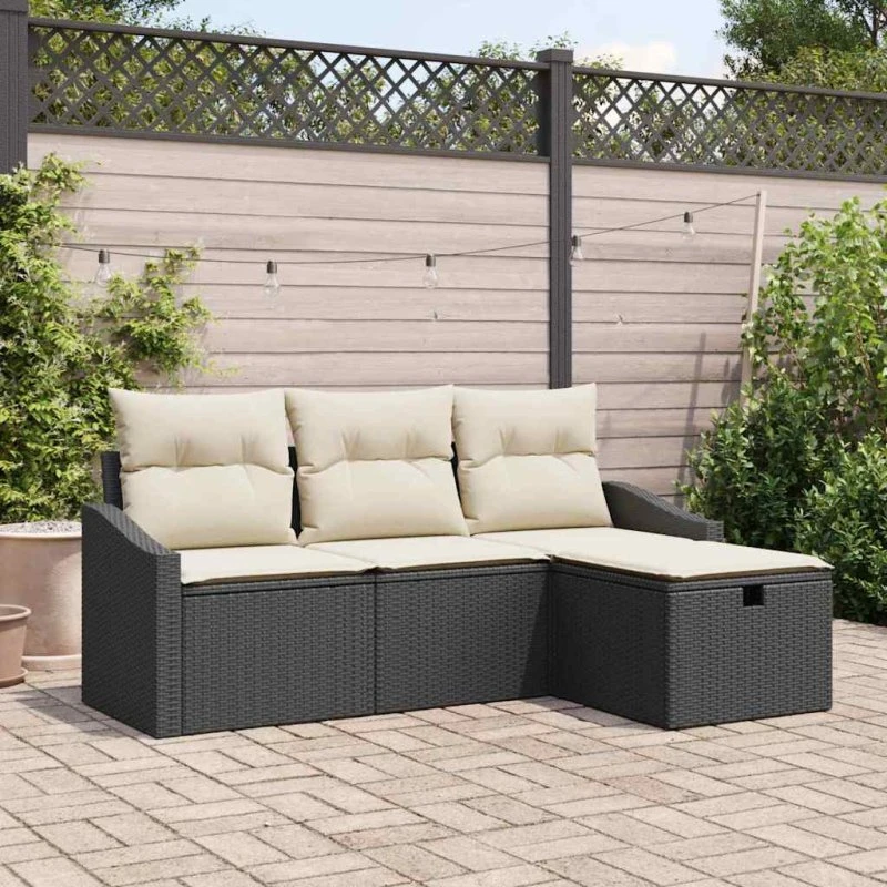 Havesofa sæt 4 dele i sort polyrattan med puder & opbevaring