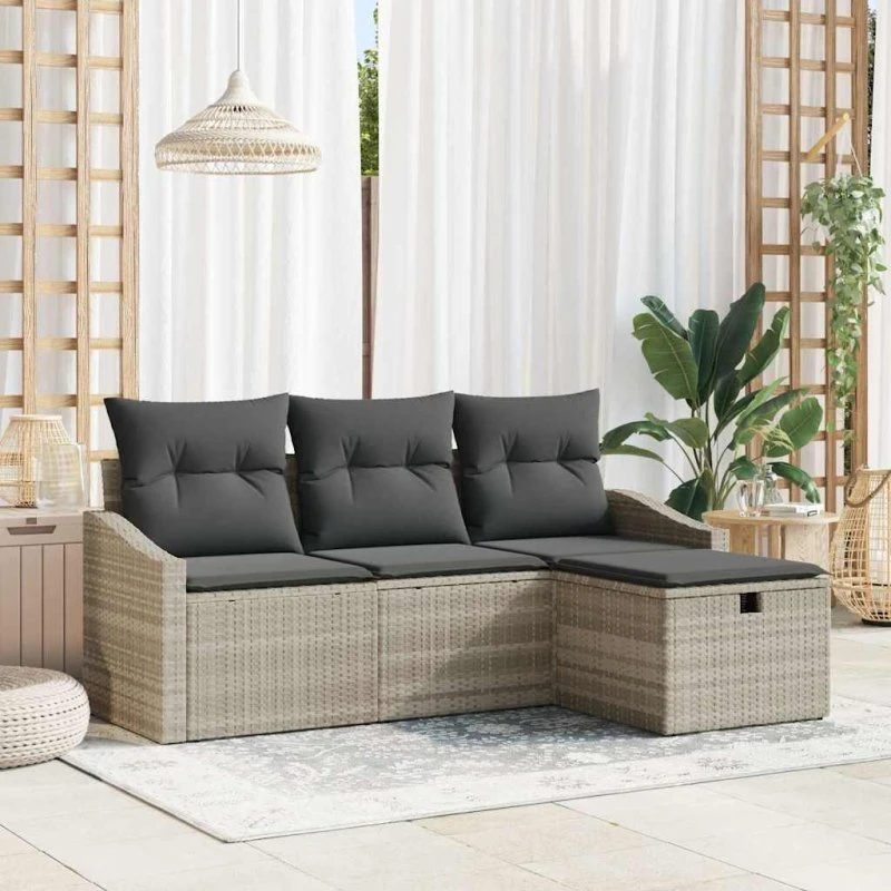 Havesofa sæt 4 dele i lysegrå polyrattan med puder