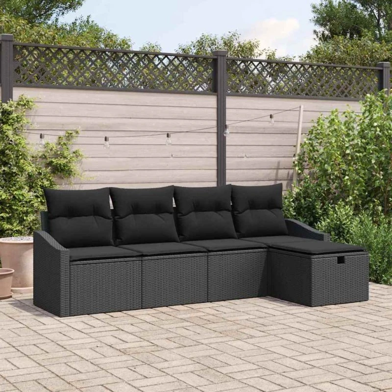 Havesofasæt i polyrattan 5-6 personer med hynder, sort