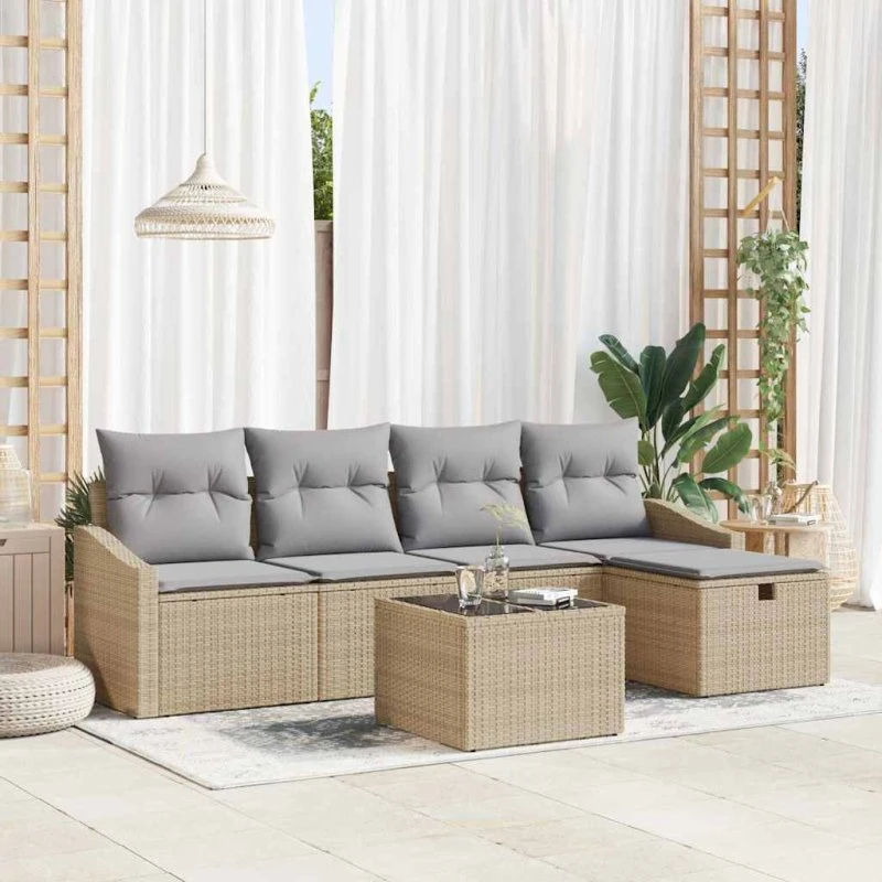 Polyrattan havesofa-sæt 5-6 dele med hynder – Beige