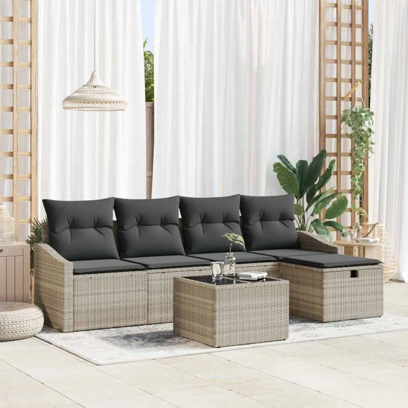 Havesofa sæt 6 dele i polyrattan med lysegrå puder