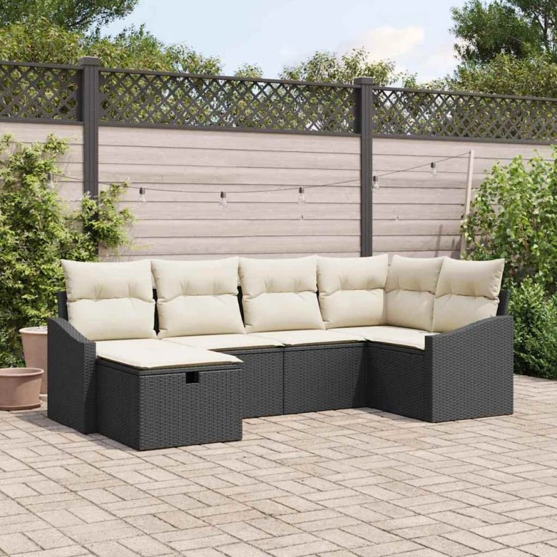 Polyrattan havesofa sæt 6-7 dele med hynder – sort