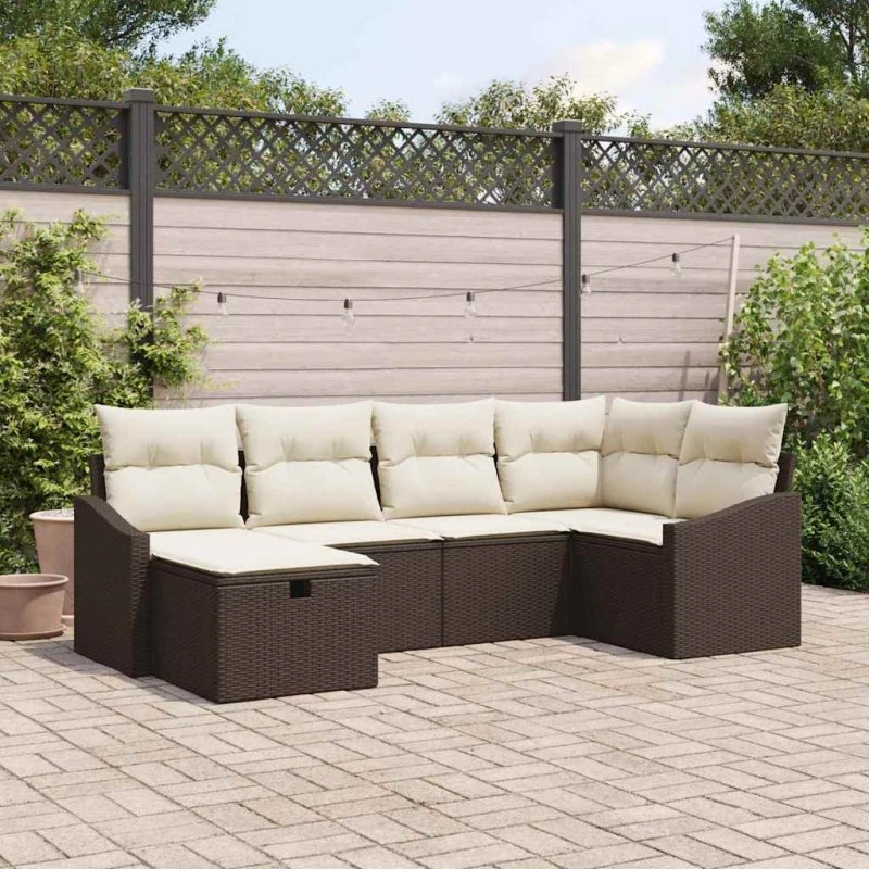 Havesofa sæt 6 dele i polyrattan med hynder, brun