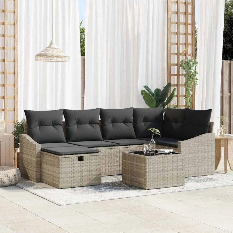 Havesofa sæt i polyrattan 7 dele med puder - lysegrå