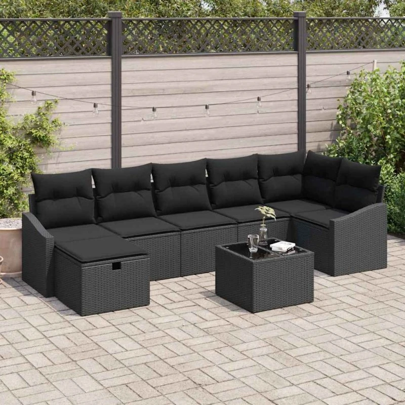 Havesofa sæt 8 dele i sort polyrattan med puder
