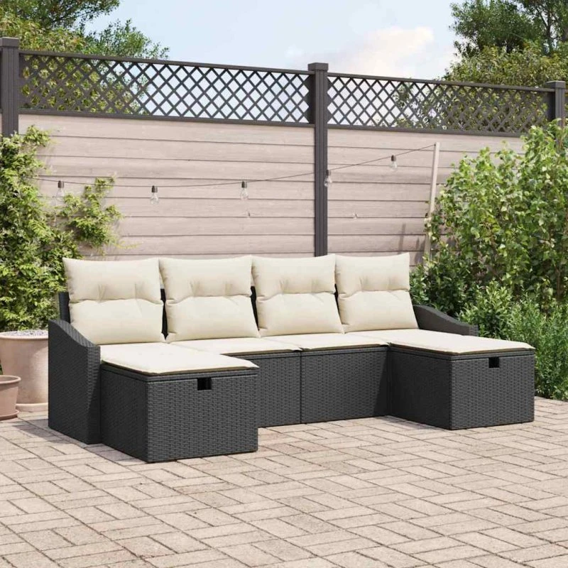 Havesofa sæt i polyrattan 6 dele med hynder - sort