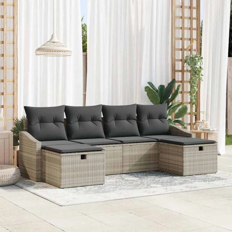 6-pers. polyrattan havesofa sæt med hynder – lysegrå