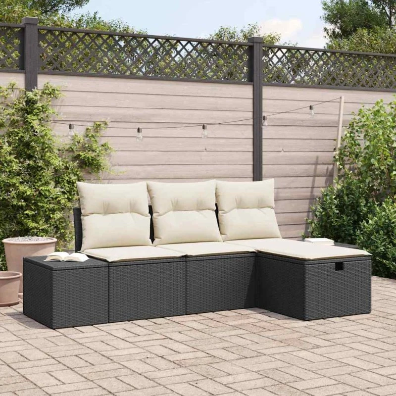 Sofasæt 4-pc i sort polyrattan med hynder
