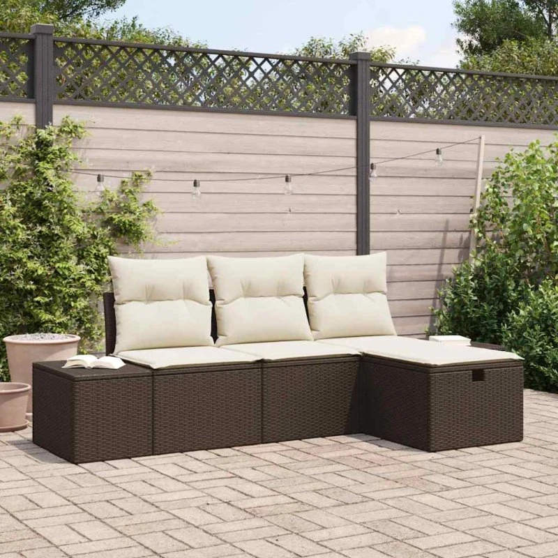 Havesofa sæt 4 dele i polyrattan med hynder, brun