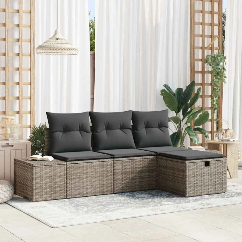 Havesofa sæt 4 dele i grå polyrattan med puder