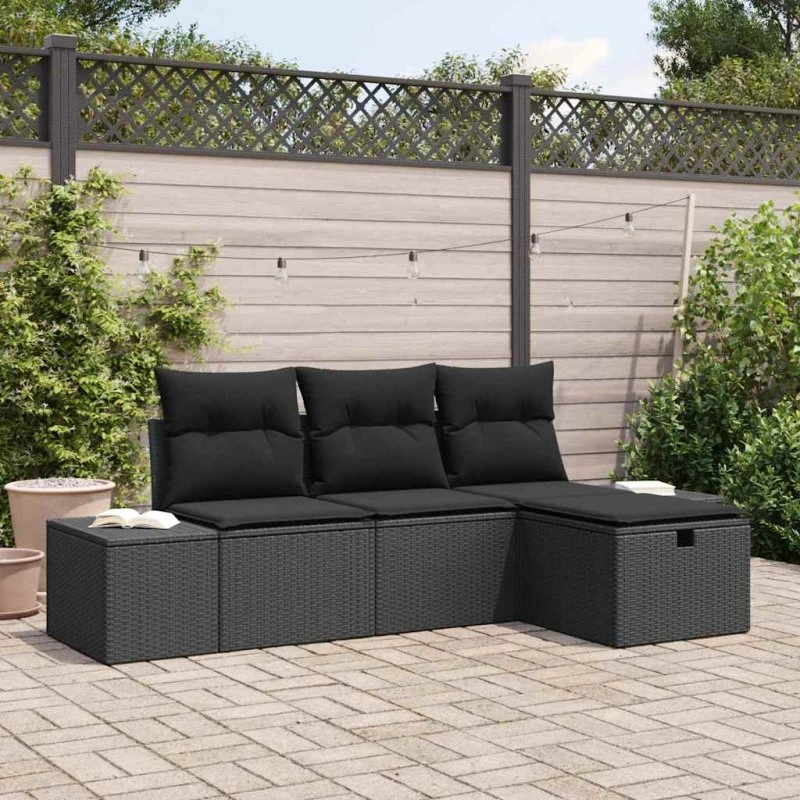 Polyrattan sofasæt 4 dele med hynder - sort