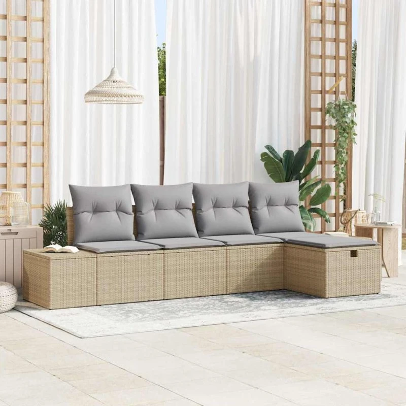 Havesofa sæt i polyrattan 5 dele med puder, beige