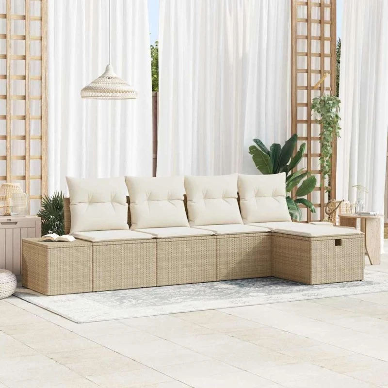 Havesofa sæt 5 dele i polyrattan med puder - beige