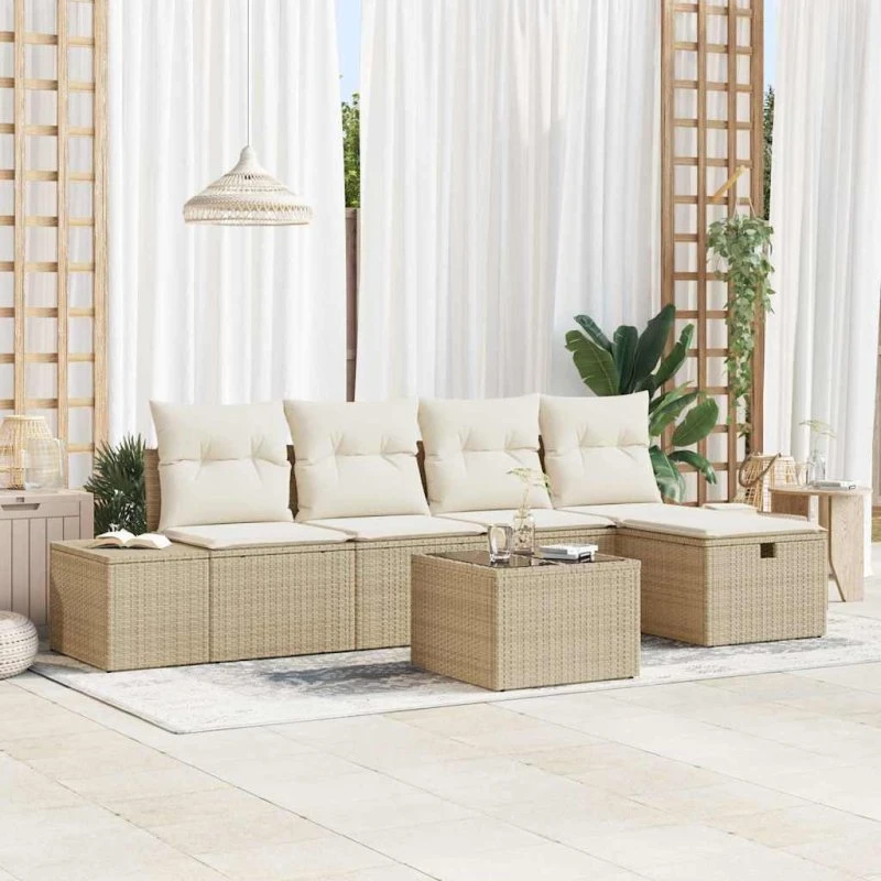 Havesofa sæt 6 dele i polyrattan med puder - Beige