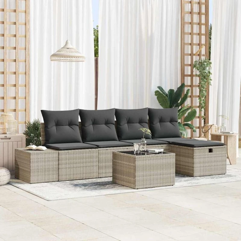Havesofa sæt 6 dele i lysegrå polyrattan med puder