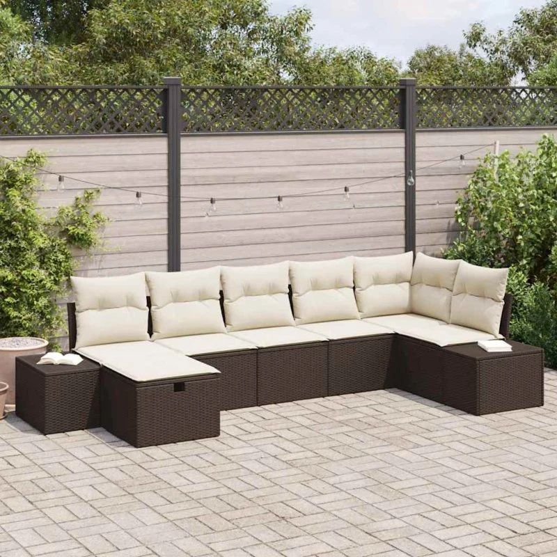 Havesofa sæt 7 dele i polyrattan med hynder - Brun