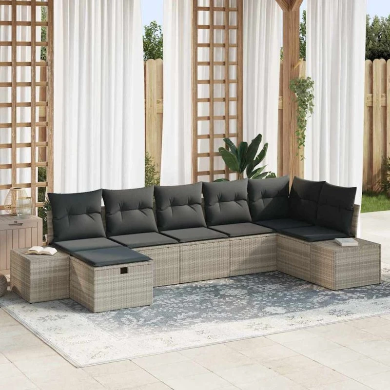 Polyrattan havesofa sæt 7-8 dele med puder, lysegrå
