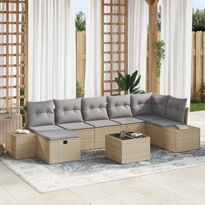 Havesofa sæt i polyrattan 7-8 dele med puder, beige