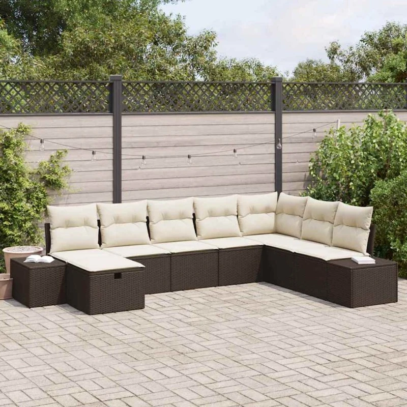 Havesofa sæt 8 dele i brun polyrattan med puder