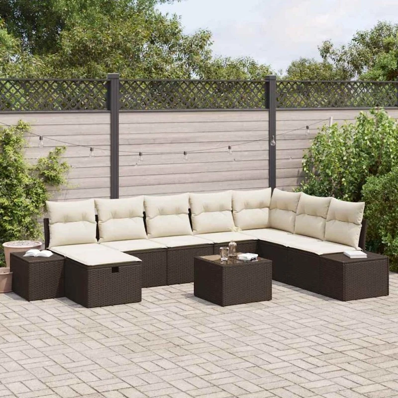 Havesofa sæt 9 dele i brun polyrattan – modulært & inkl. puder