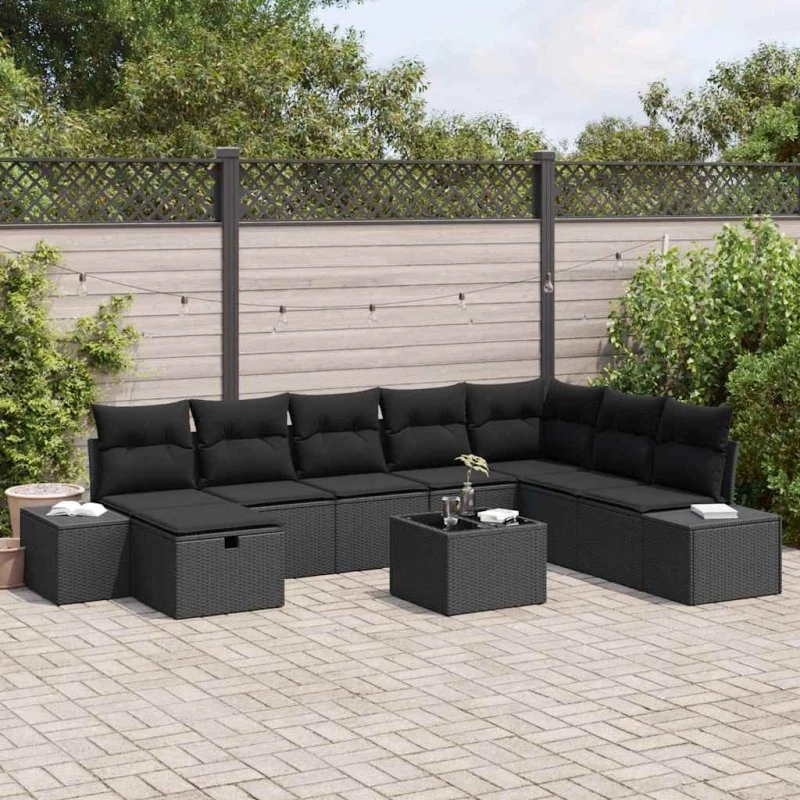 Havesofa sæt 9 dele - Sort polyrattan med puder