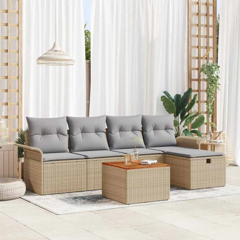 Havesofa sæt 6 dele i beige polyrattan med opbevaring