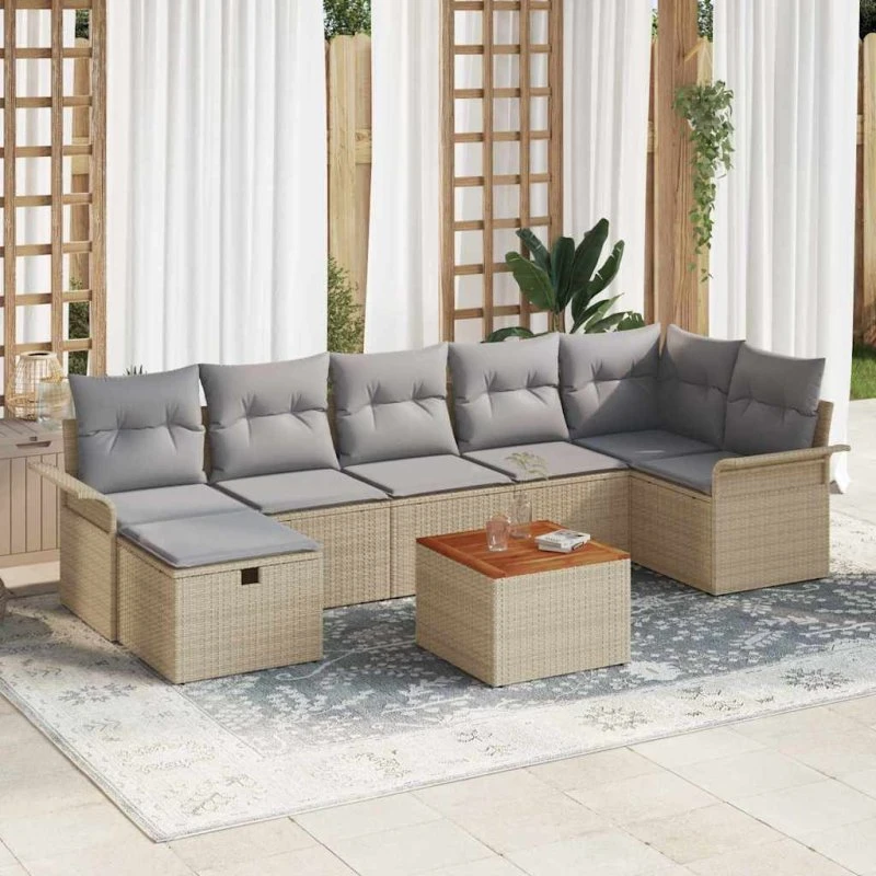 Havesofa sæt 8 dele i beige poly rattan med pudeopbevaring