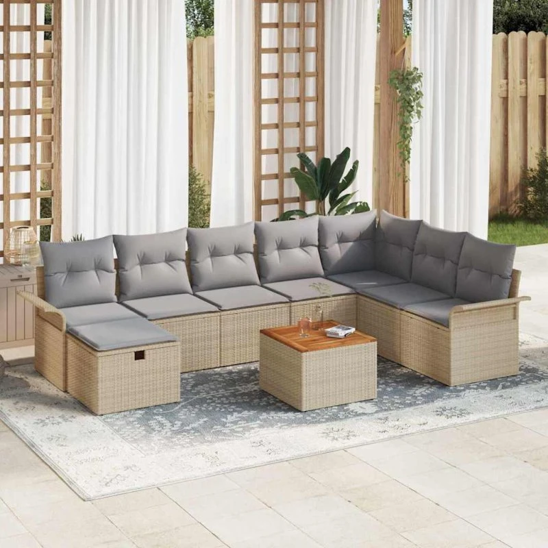 Havesofa sæt 9 dele beige poly rattan med opbevaring