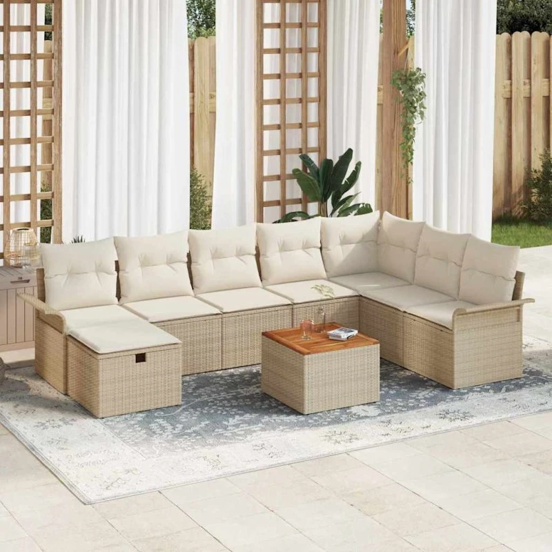 Havesofa sæt 9 dele i beige poly­rattan med opbevaringspuder