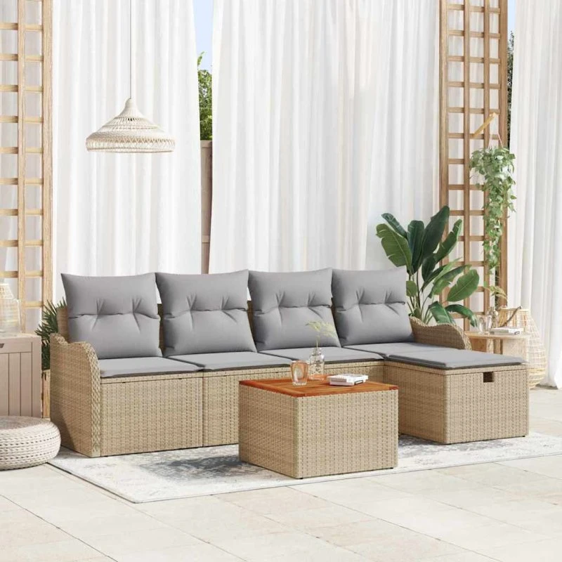 Havesofa sæt 6 dele i beige polyrattan med opbevaring