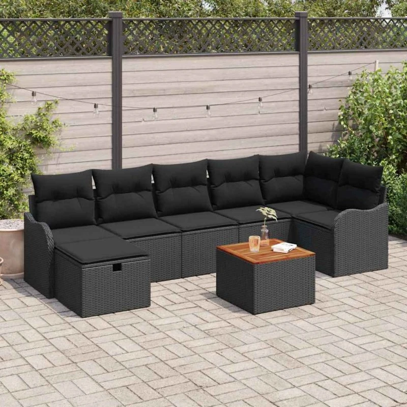Havesofa sæt 8 dele med opbevaring - Sort poly rattan