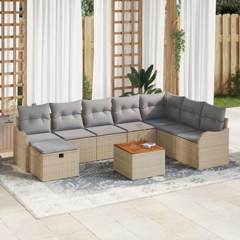 Havesofa sæt 9 dele i beige poly rattan m. opbevaring