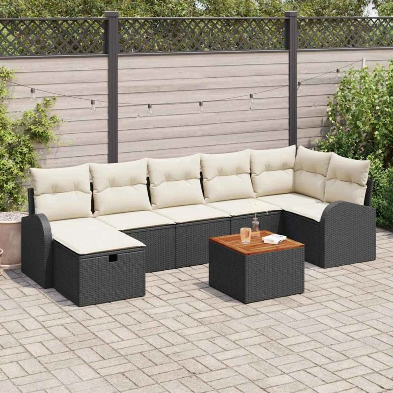 Havesofa sæt 8 dele i sort poly rattan med opbevaring