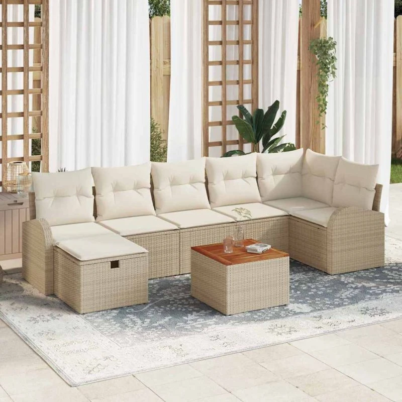 Havesofa sæt 8 dele i beige poly rattan med opbevaring