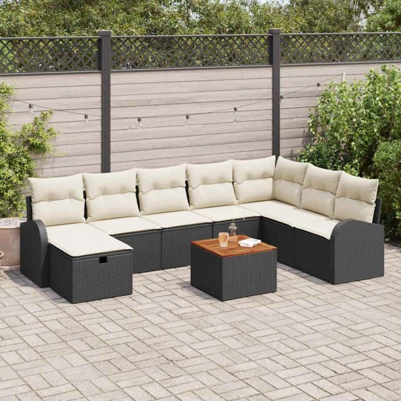 Havesofa Sæt 9 dele i sort polyrattan med opbevaring