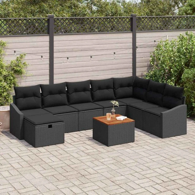 Havesofa sæt 9 dele i sort polyrattan med opbevaring