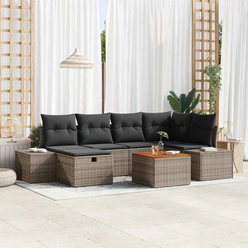 Havesofa sæt 7 dele med opbevaring, grå poly rattan