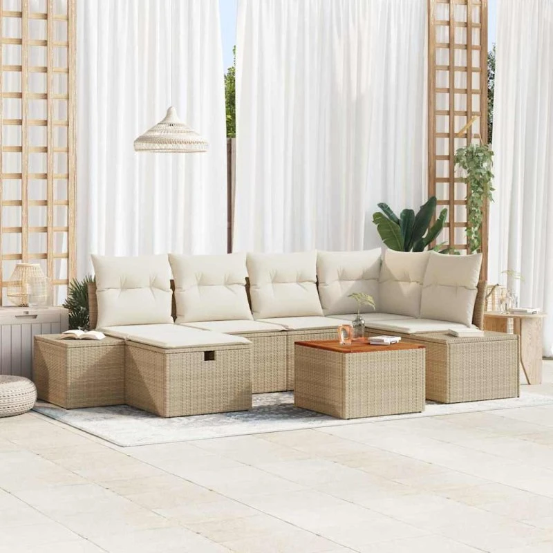 Havesofa sæt 7 dele i beige poly rattan med opbevaring