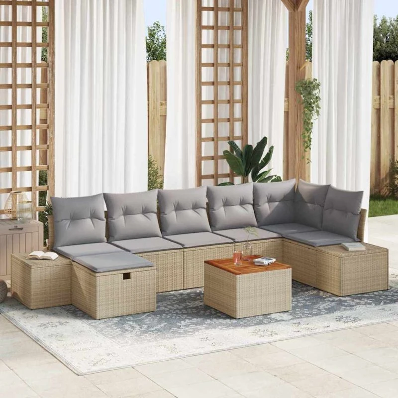 Havesofa sæt 8 dele i beige poly rattan med opbevaring