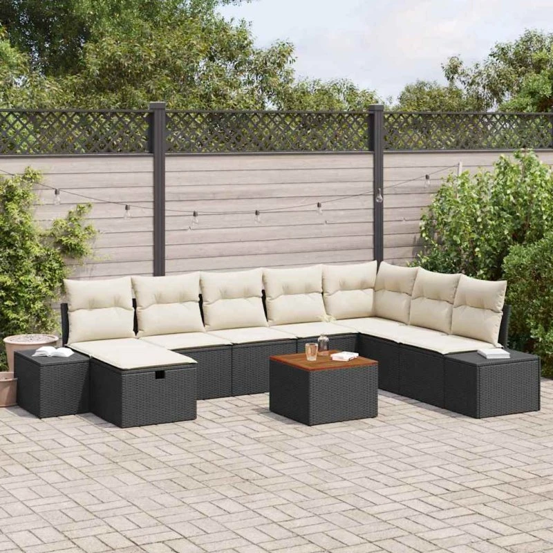 Havesofa sæt 9 dele i sort polyrattan med opbevaring
