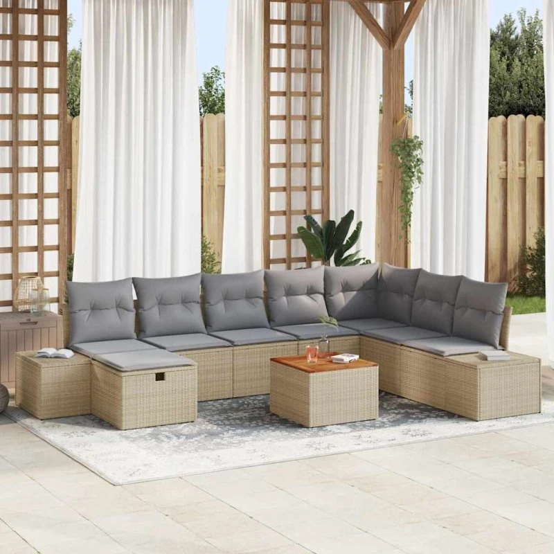 Havesofa sæt 9 dele i beige poly rattan med opbevaring