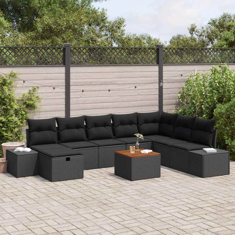 Havesofa sæt 9 dele i sort polyrattan med opbevaring