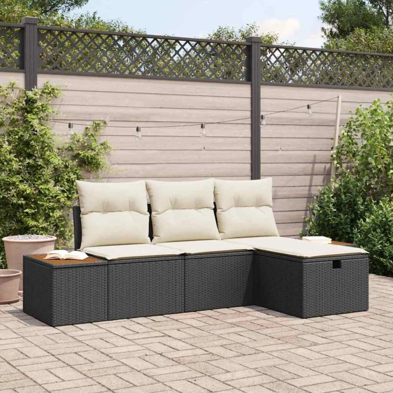 Havesofa sæt 4 stk sort polyrattan med puder og opbevaring