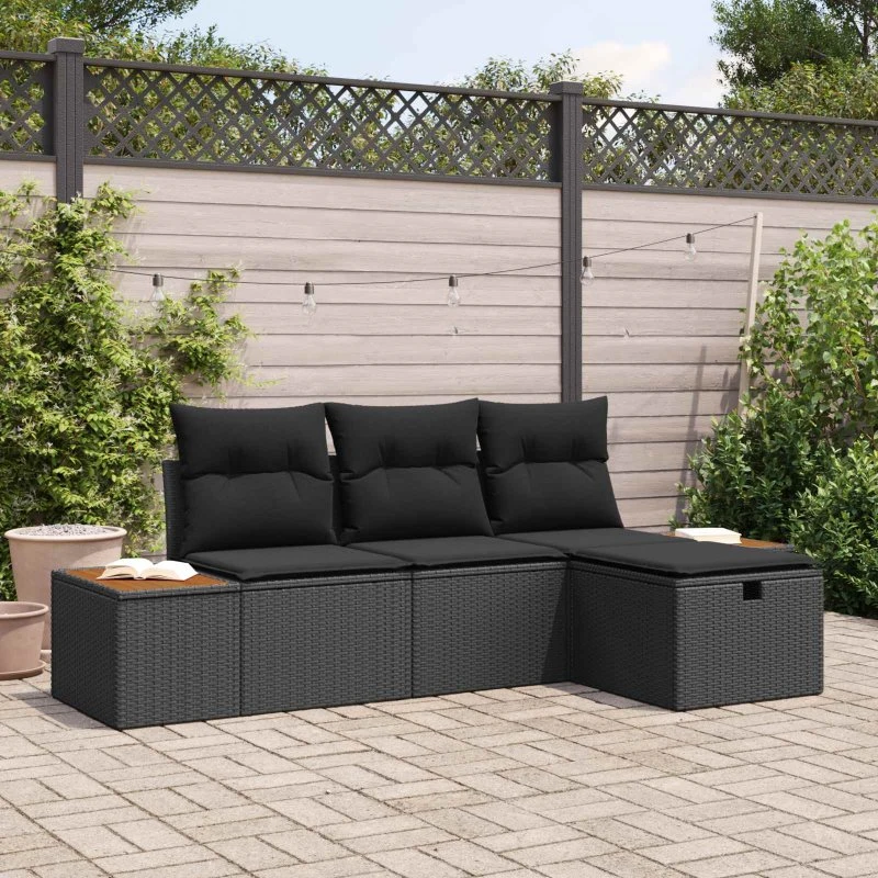 Havesofa sæt 4 dele i sort polyrattan med hynder