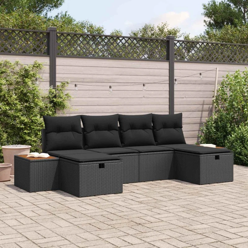 Havesofa sæt 6 dele i sort poly rattan med puder